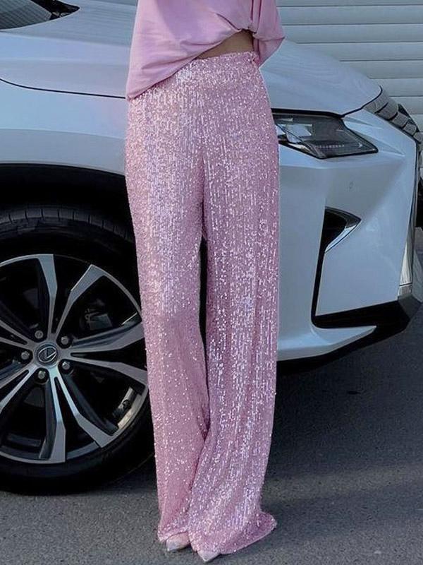 Casual High Waist Wide Leg Sequins Chic Daily Casual Party Trousers Sparkle Pants Mssza
