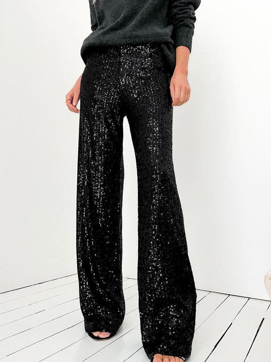 Casual High Waist Wide Leg Sequins Chic Daily Casual Party Trousers Sparkle Pants Mssza