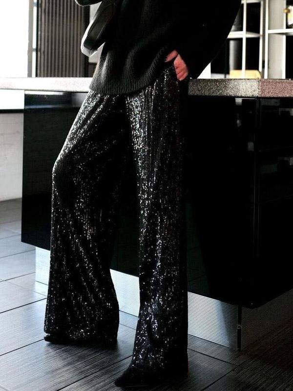 Casual High Waist Wide Leg Sequins Chic Daily Casual Party Trousers Sparkle Pants Mssza