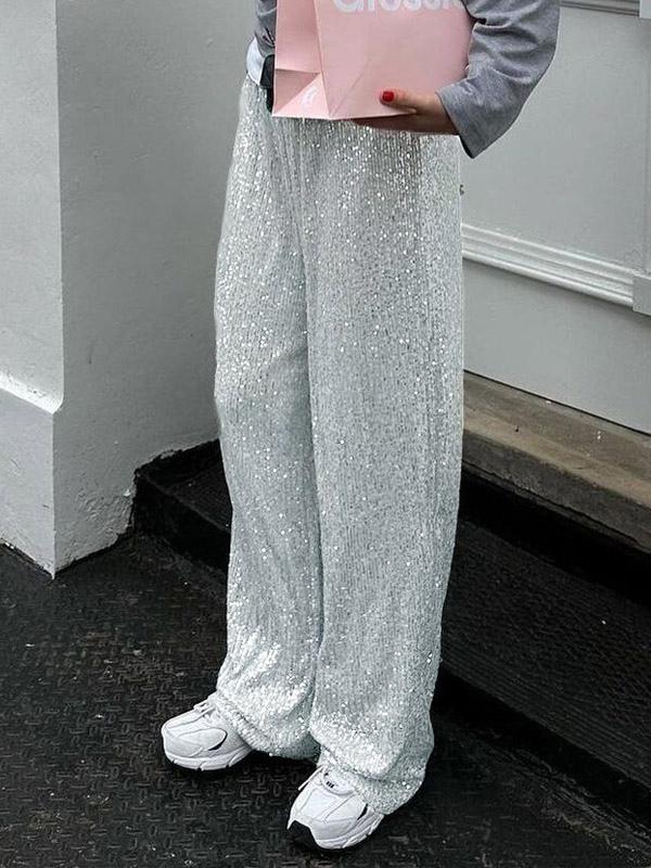 Casual High Waist Wide Leg Sequins Chic Daily Casual Party Trousers Sparkle Pants Mssza