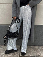 Casual High Waist Wide Leg Sequins Chic Daily Casual Party Trousers Sparkle Pants Mssza
