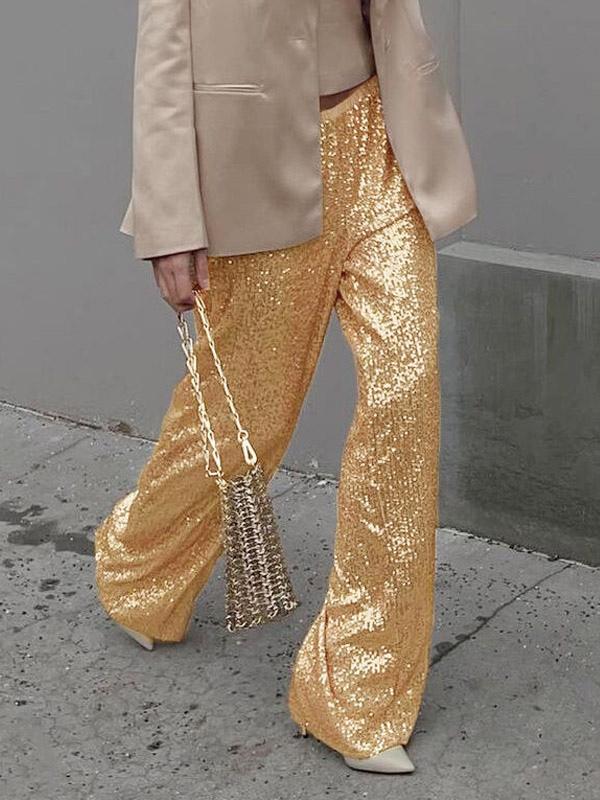 Casual High Waist Wide Leg Sequins Chic Daily Casual Party Trousers Sparkle Pants Mssza