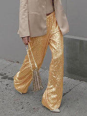 Casual High Waist Wide Leg Sequins Chic Daily Casual Party Trousers Sparkle Pants Mssza