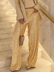 Casual High Waist Wide Leg Sequins Chic Daily Casual Party Trousers Sparkle Pants Mssza