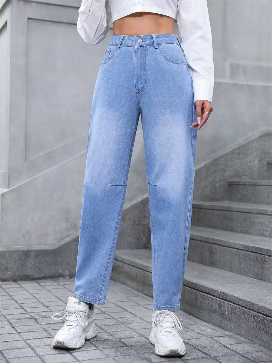Casual High Waisted Pockets All-match Straight Leg Denim Pants Mssza