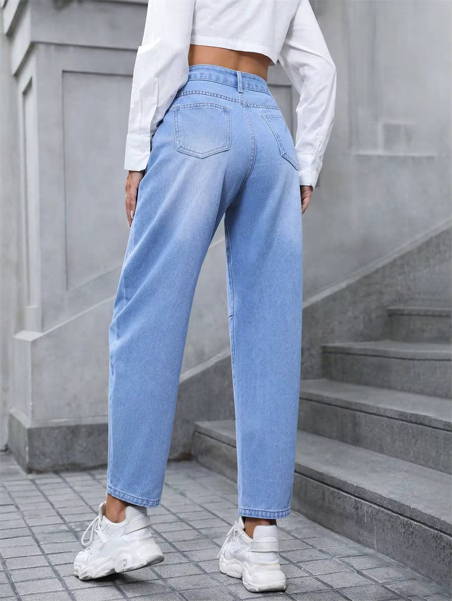 Casual High Waisted Pockets All-match Straight Leg Denim Pants Mssza