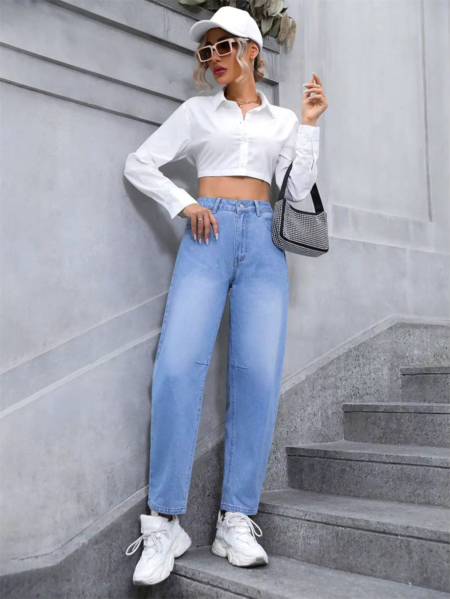 Casual High Waisted Pockets All-match Straight Leg Denim Pants Mssza