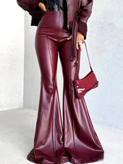 Casual High Waisted Slim Fit PU Leather Ankle-Length Flared Pants Mssza