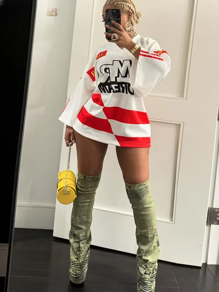 Casual Hipster Contrast Letter Print Long Sleeve V-Neck Wild Loose Comfortable T-Shirt Mssza