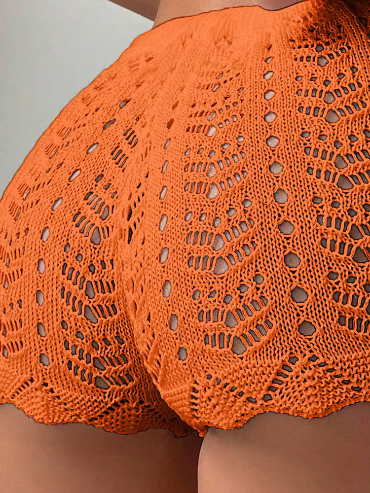Casual Hollow Drawstring Open Waist Knitted Bikini Blocked Shorts Mssza