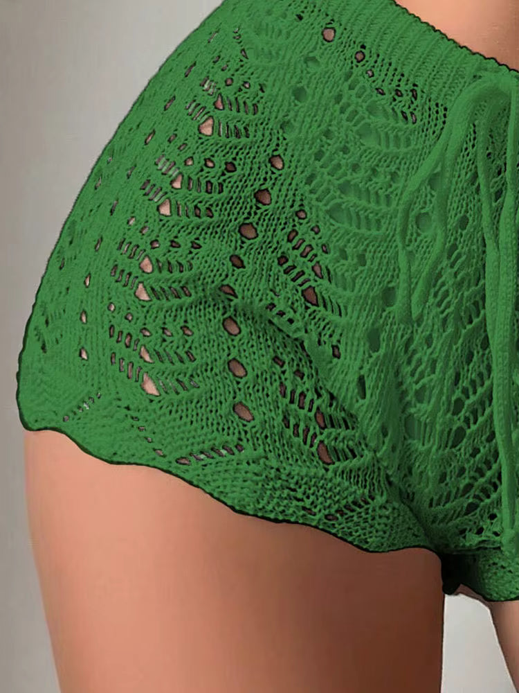 Casual Hollow Drawstring Open Waist Knitted Bikini Blocked Shorts Mssza