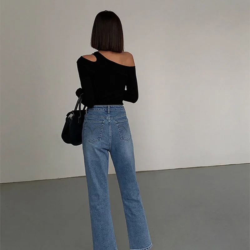 Casual Hollow Out Collar Off-shoulder Long-sleeved Slim Fit Crop Top Mssza