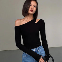Casual Hollow Out Collar Off-shoulder Long-sleeved Slim Fit Crop Top Mssza