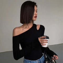 Casual Hollow Out Collar Off-shoulder Long-sleeved Slim Fit Crop Top Mssza