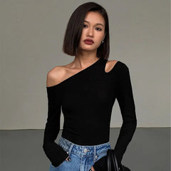 Casual Hollow Out Collar Off-shoulder Long-sleeved Slim Fit Crop Top Mssza