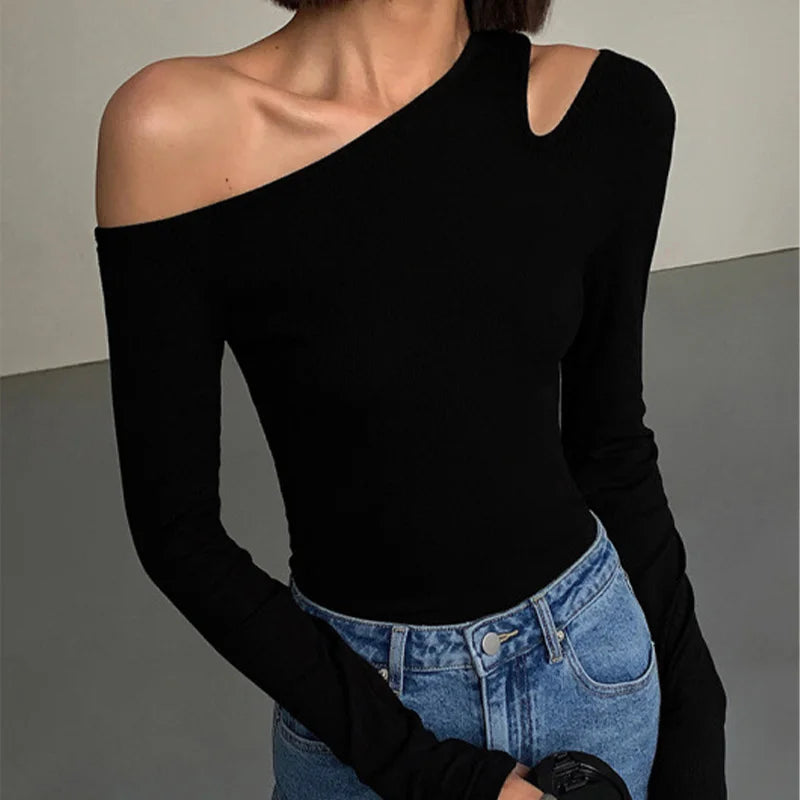 Casual Hollow Out Collar Off-shoulder Long-sleeved Slim Fit Crop Top Mssza