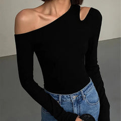 Casual Hollow Out Collar Off-shoulder Long-sleeved Slim Fit Crop Top Mssza
