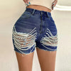 Casual Hollow Out High Waist Hip Package Slim Beading Denim Shorts Mssza