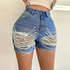 Casual Hollow Out High Waist Hip Package Slim Beading Denim Shorts Mssza