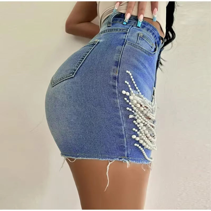 Casual Hollow Out High Waist Hip Package Slim Beading Denim Shorts Mssza