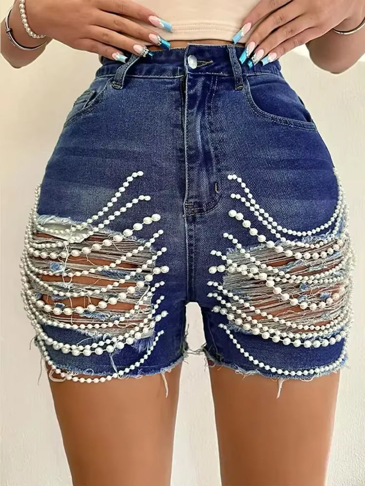 Casual Hollow Out High Waist Hip Package Slim Beading Denim Shorts Mssza