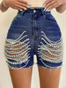 Casual Hollow Out High Waist Hip Package Slim Beading Denim Shorts Mssza