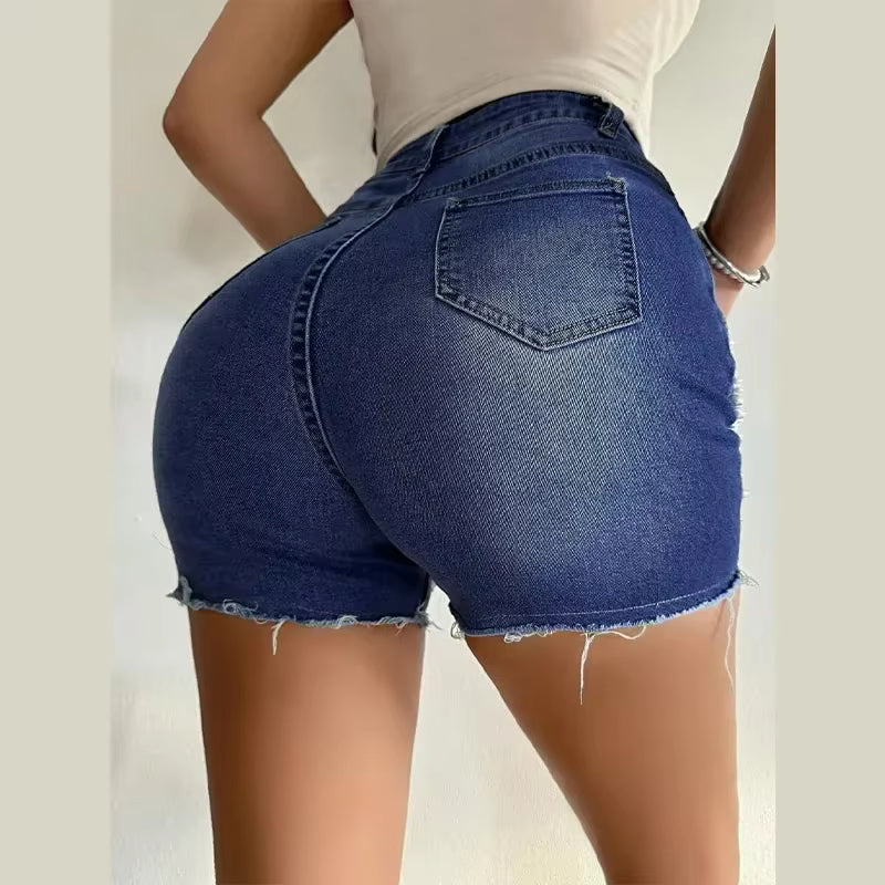 Casual Hollow Out High Waist Hip Package Slim Beading Denim Shorts Mssza