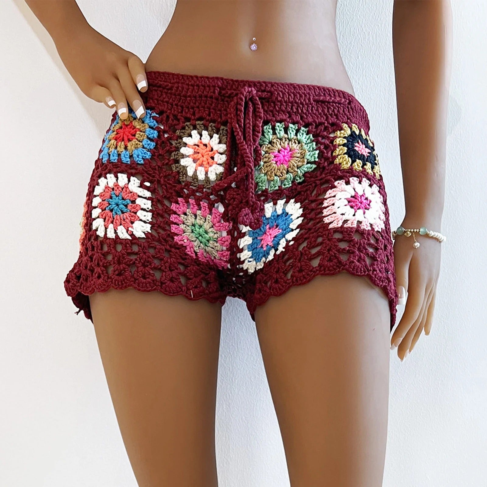 Casual Hollow Out Knit Crochet Swimsuit Cover Ups Beach Shorts Mssza