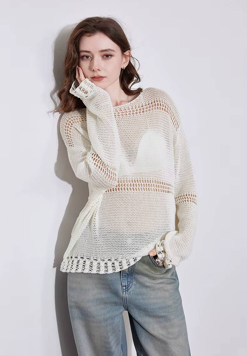 Casual Hollow Out Linen Lazy Style Long Sleeve Knitted Loose Top Mssza