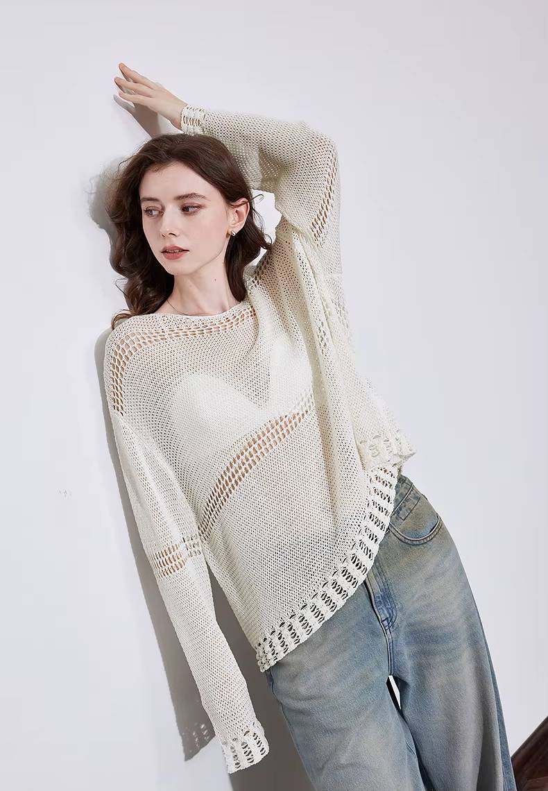 Casual Hollow Out Linen Lazy Style Long Sleeve Knitted Loose Top Mssza