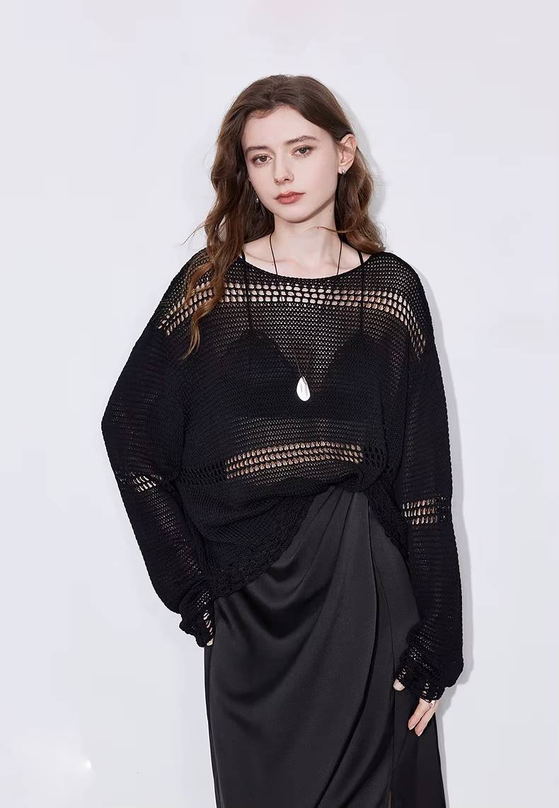 Casual Hollow Out Linen Lazy Style Long Sleeve Knitted Loose Top Mssza
