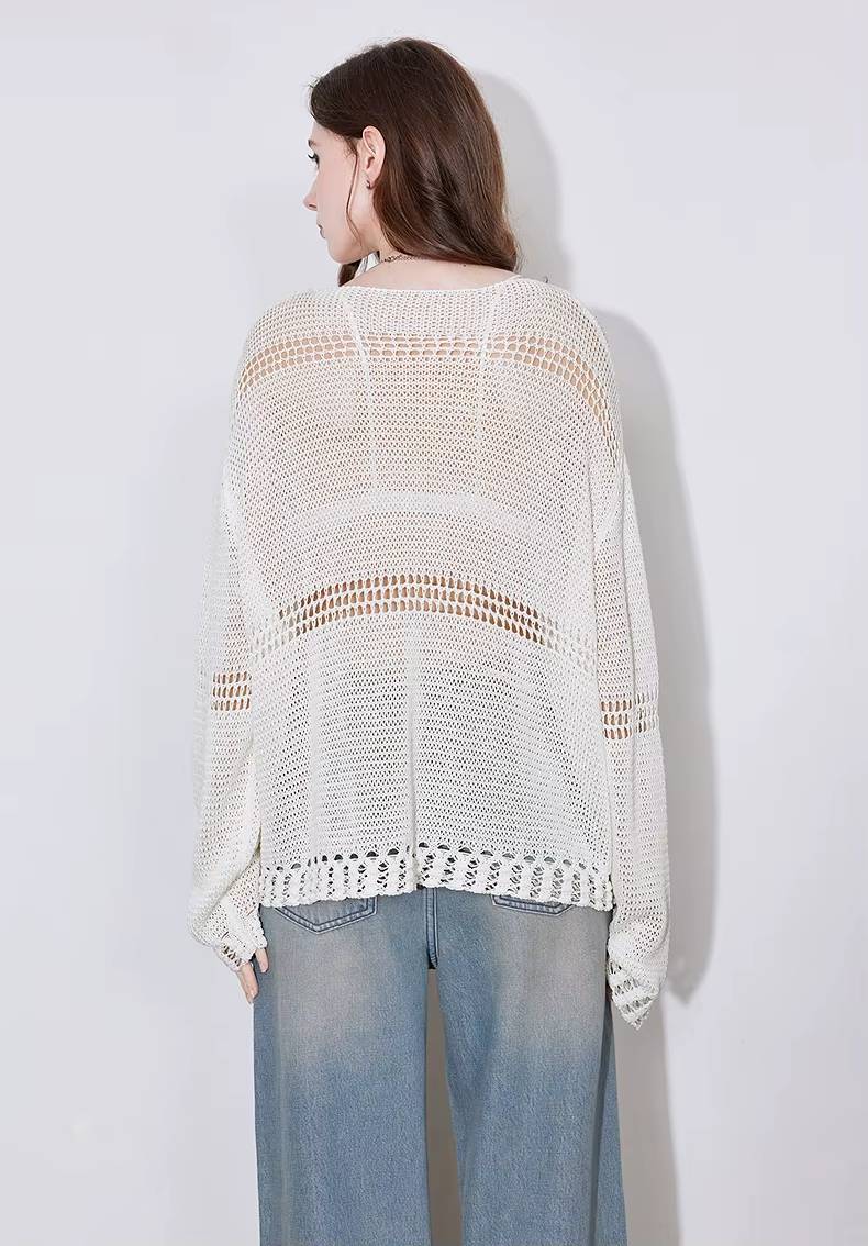 Casual Hollow Out Linen Lazy Style Long Sleeve Knitted Loose Top Mssza