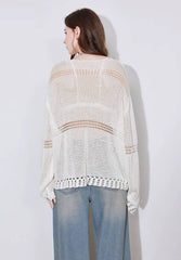 Casual Hollow Out Linen Lazy Style Long Sleeve Knitted Loose Top Mssza