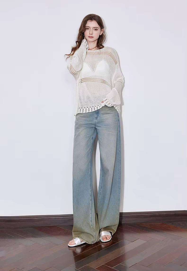 Casual Hollow Out Linen Lazy Style Long Sleeve Knitted Loose Top Mssza
