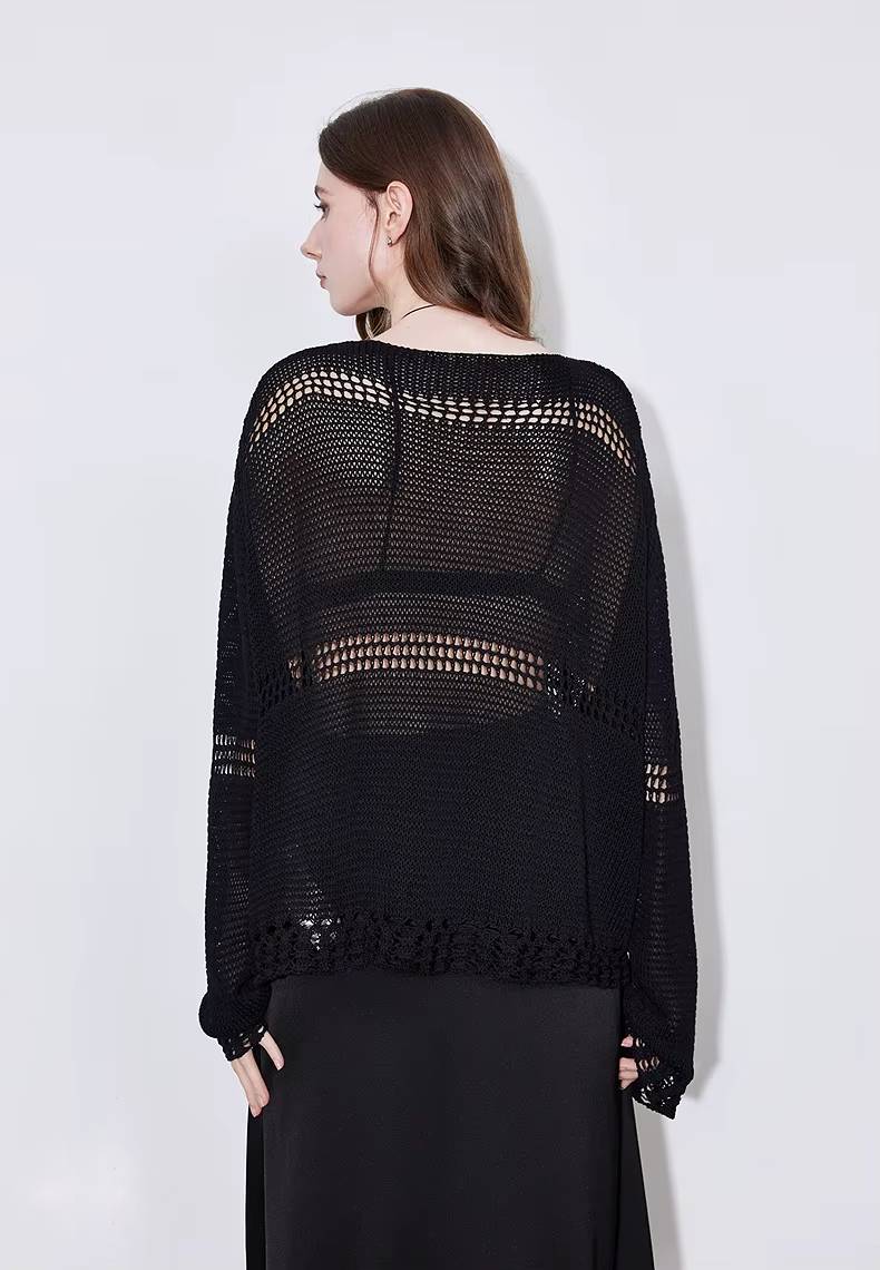 Casual Hollow Out Linen Lazy Style Long Sleeve Knitted Loose Top Mssza