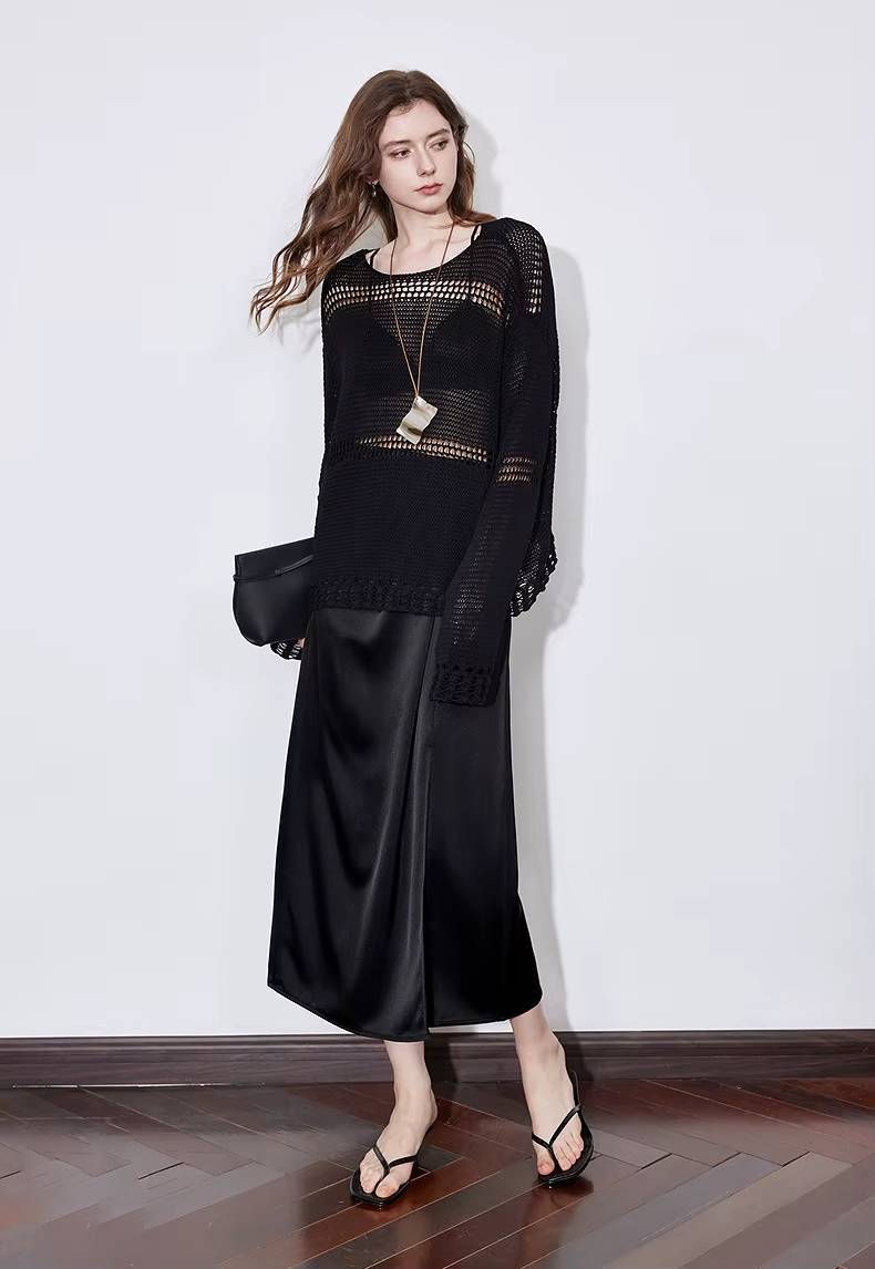 Casual Hollow Out Linen Lazy Style Long Sleeve Knitted Loose Top Mssza