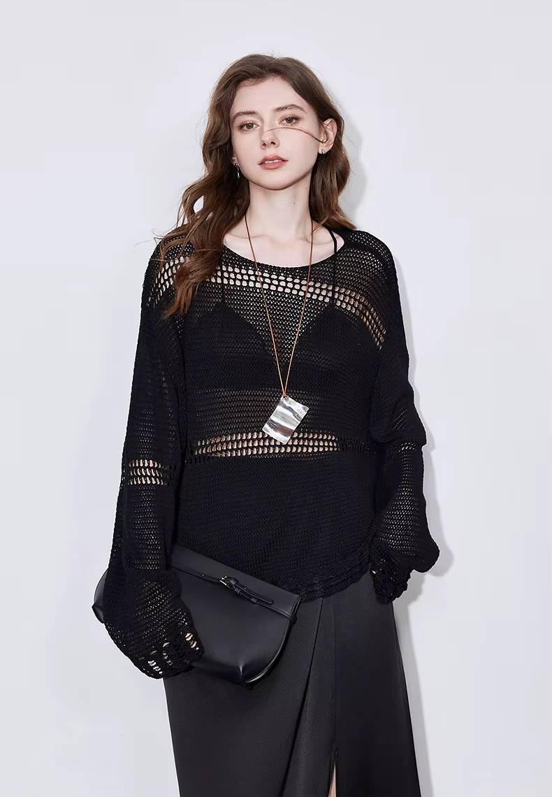 Casual Hollow Out Linen Lazy Style Long Sleeve Knitted Loose Top Mssza