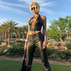 Casual Hollow Out Punk Style Backless PU Leather Crop Top Mssza