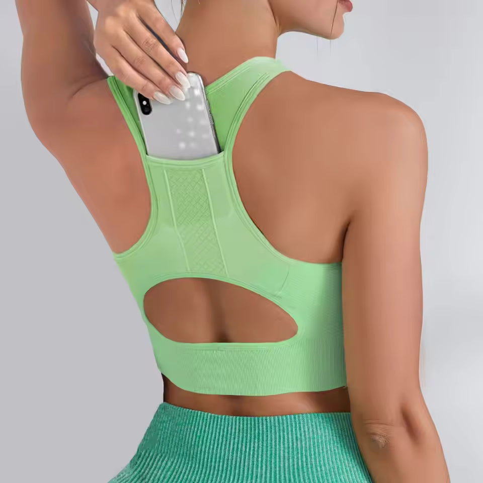Casual Hollow Yoga Running With Phone Pocket Fitness Sports Bra Mssza