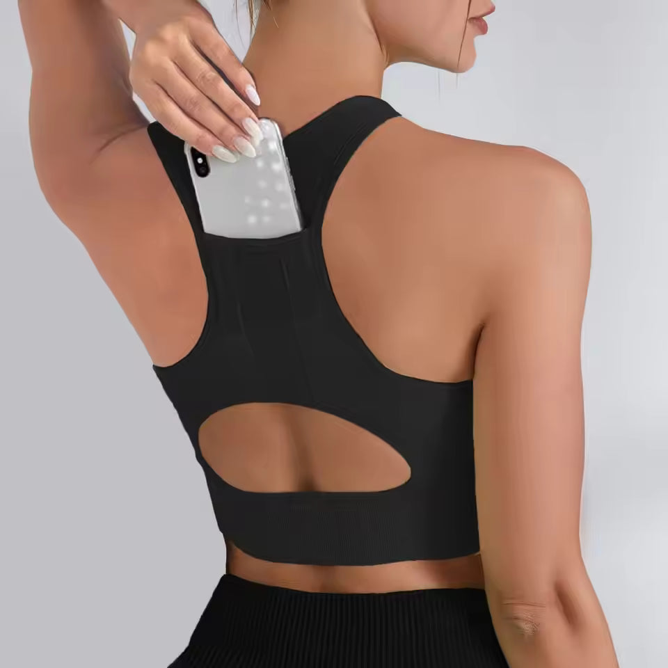 Casual Hollow Yoga Running With Phone Pocket Fitness Sports Bra Mssza