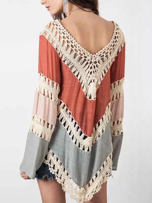 Casual Irregular Hem Cover-up Long Sleeve Boho Tops Mssza