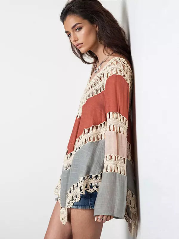 Casual Irregular Hem Cover-up Long Sleeve Boho Tops Mssza
