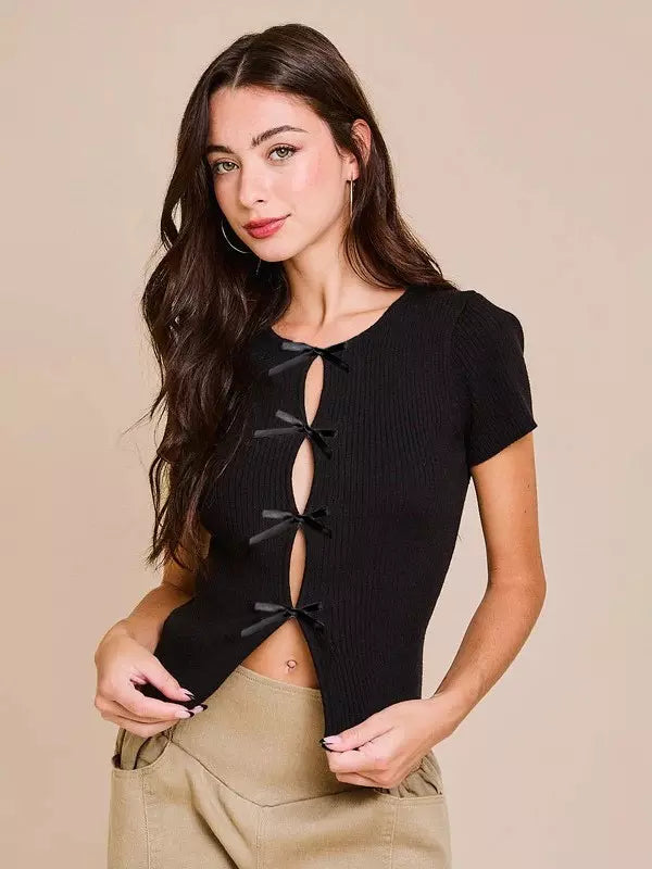 Casual Jewel Neck High Elasticity Short Sleeves With Tie Front Crop Top Mssza
