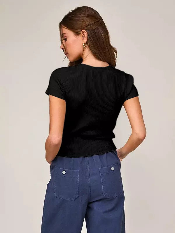 Casual Jewel Neck High Elasticity Short Sleeves With Tie Front Crop Top Mssza