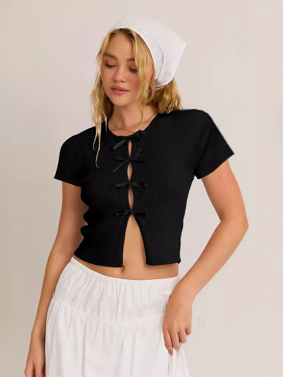 Casual Jewel Neck High Elasticity Short Sleeves With Tie Front Crop Top Mssza