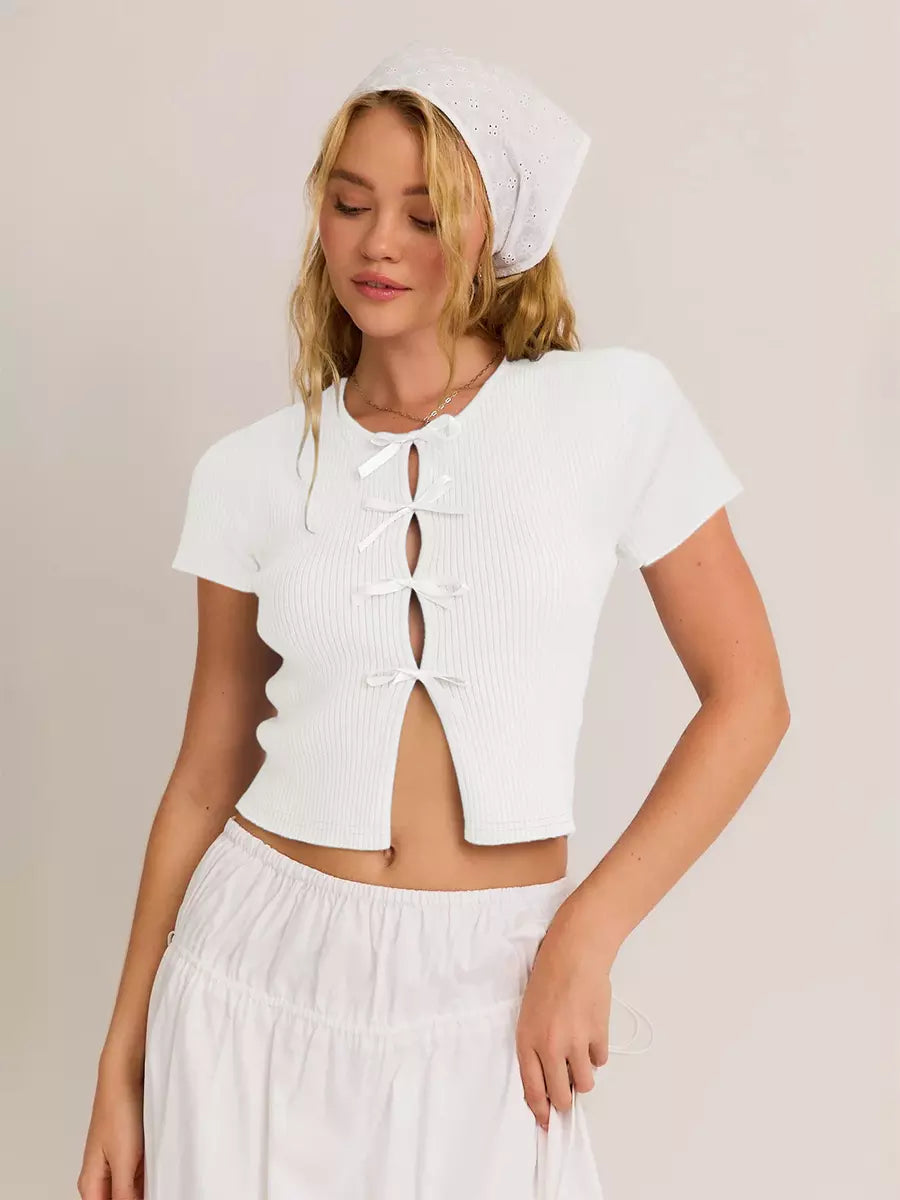 Casual Jewel Neck High Elasticity Short Sleeves With Tie Front Crop Top Mssza