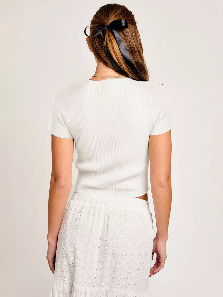 Casual Jewel Neck High Elasticity Short Sleeves With Tie Front Crop Top Mssza