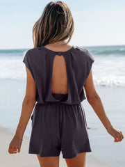 Casual Jewel Neck Open Shoulder Short Sleeve Backless Drawstring Jumpsuits & Romper Mssza