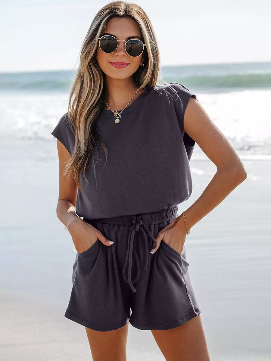 Casual Jewel Neck Open Shoulder Short Sleeve Backless Drawstring Jumpsuits & Romper Mssza