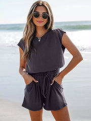 Casual Jewel Neck Open Shoulder Short Sleeve Backless Drawstring Jumpsuits & Romper Mssza